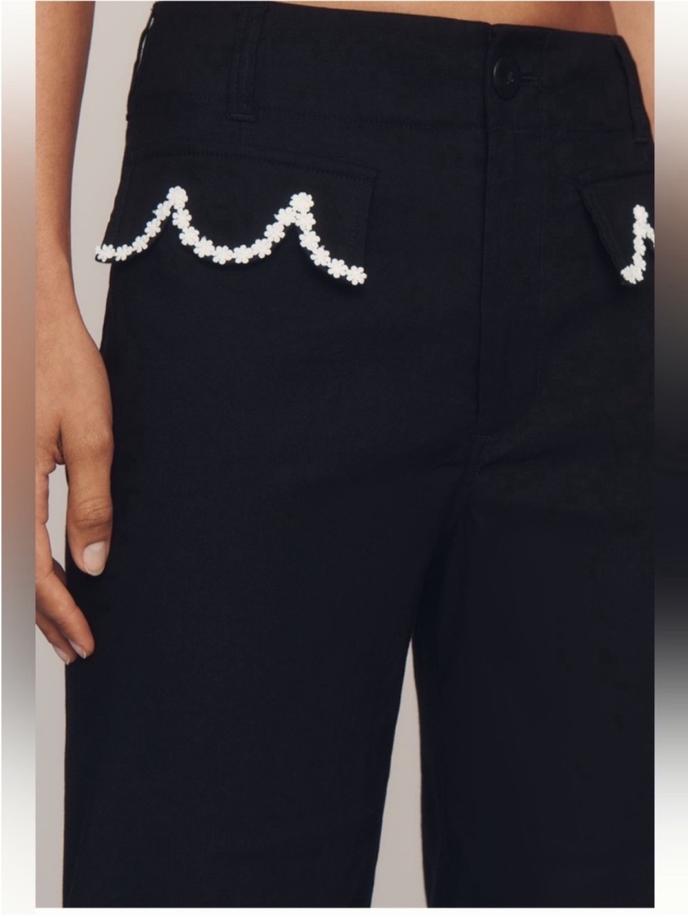 Maeve Black Wide-Leg Pants with White Embellished Pocket Trim